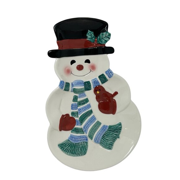 Holiday Snowman Ceramic Serving Plate With Cardinal‎ & Scarf - Picture 3 of 4